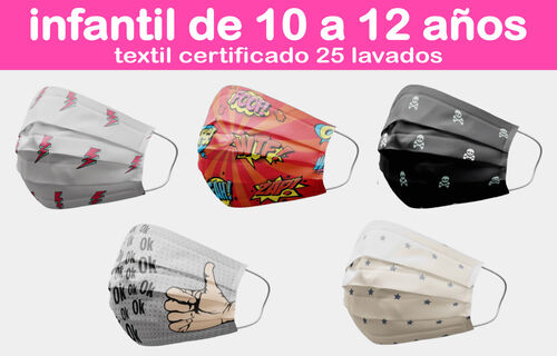 Mascarilla textil infantil 10-12 aos reutilizable y homologada