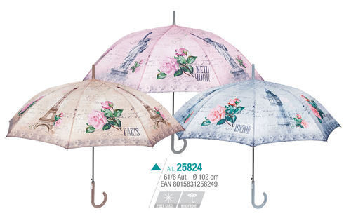 Paraguas mujer largo 61cm automatico antiviento fantasia ciudades de Perletti