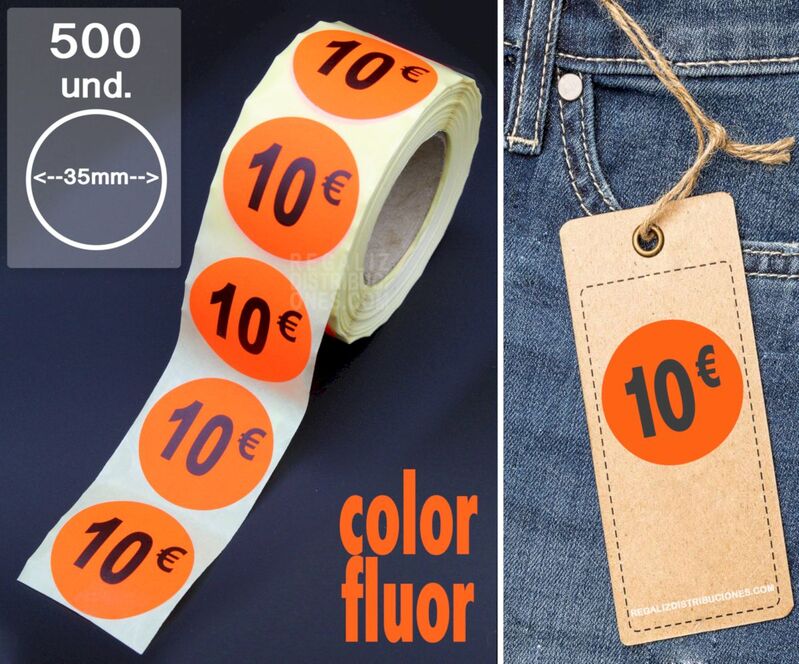 etiquetas 10€ pegatinas precios en euros 35mm - Regaliz Distribuciones Español