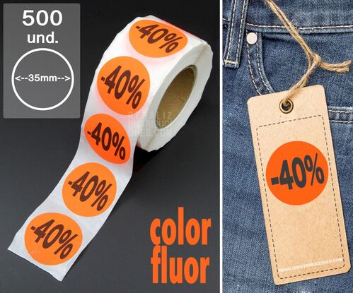 Rollo 500 etiquetas -40% pegatinas con porcentajes de descuento 35mm