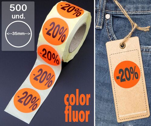 Rollo 500 etiquetas -20% pegatinas con porcentajes de descuento 35mm