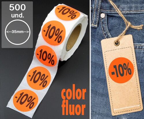 Rollo 500 etiquetas -10% pegatinas con porcentajes de descuento 35mm