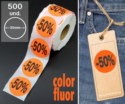 Rollo 500 etiquetas -50% pegatinas con porcentajes de descuento 35mm