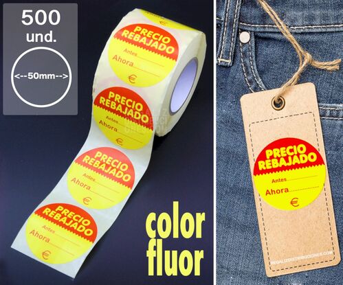 Rollo 500 etiquetas precio rebajado pegatinas con promocion para ofertas 50mm