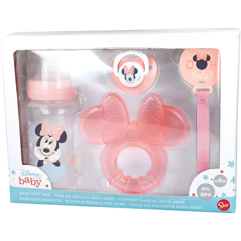 Set premium 4 piezas (biberon 240ml, chupete anatomico, mordedor y  sujetachupetes) para bebe de Minnie Mouse 'Indigo Dreams' (0/12) - Regaliz  Distribuciones Español
