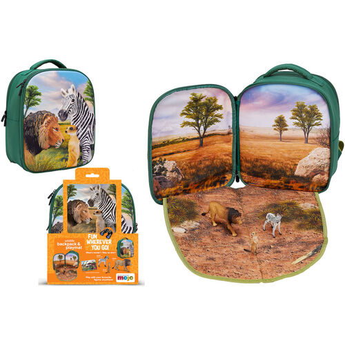 3D backpack convertible into a game scenario with 3 jungle figures (Leon, Zebra and Meerkat), includes collectors catalog