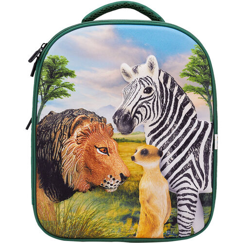 3D backpack convertible into a game scenario with 3 jungle figures (Leon, Zebra and Meerkat), includes collectors catalog