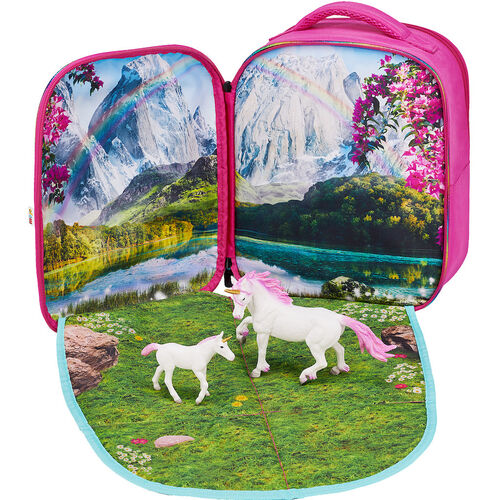 Mochila 3D convertible en escenario de juegos con 2 figuras de unicornios (Unicornio y Unicornio Baby), incluye catalogo coleccionistas