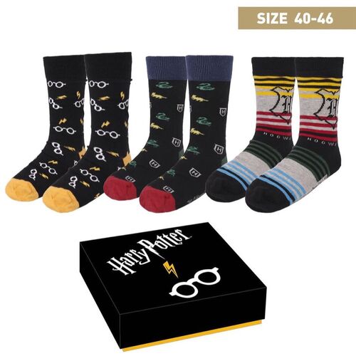 Caja con pack de 3 calcetines adulto de talla unica 40-46 de Harry Potter (st2) |CDRD|