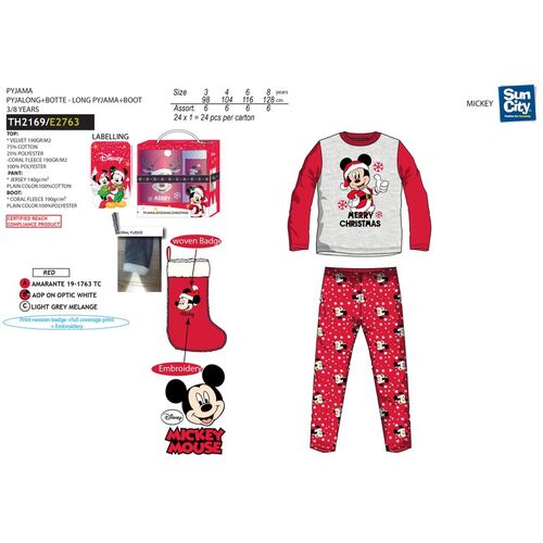 Set pijama terciopelo en pack regalo con calcetin navidad de Mickey Mouse