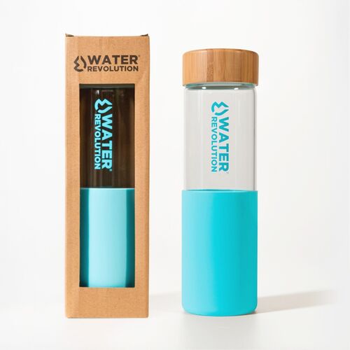 Botella de vidrio 660ml con silicona y tapon de bambu de Water Revolution 'Azul'