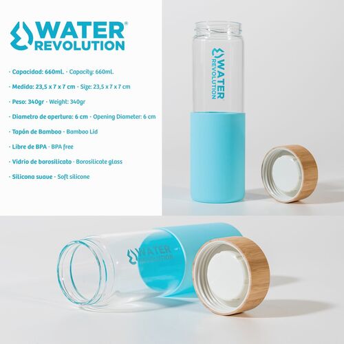 Botella de vidrio 660ml con silicona y tapon de bambu de Water Revolution 'Berenjena'