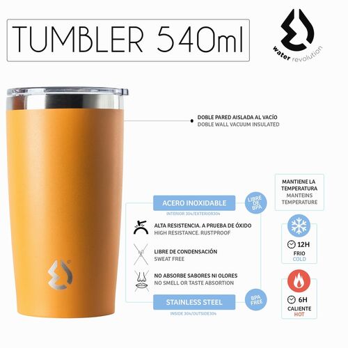 Water Revolution 540ml stainless steel thermos tumbler with lid 'Orange'
