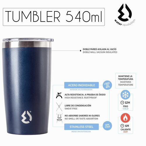 Water Revolution 540ml Stainless Steel Thermal Tumbler with Lid 'Navy Blue'