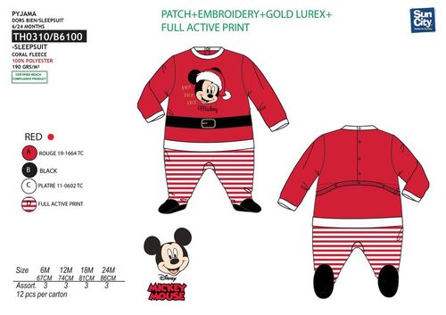 Pijama pelele para bebe con coralina navidad de Mickey Mouse