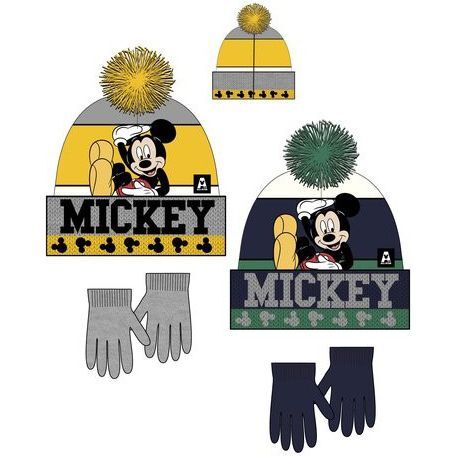 Mickey Mouse hat with pompom and knitted gloves set
