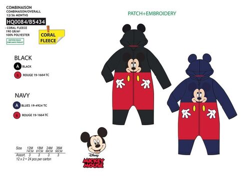 Pijama mono coralina para bebe con capucha y cremallera de Mickey Mouse