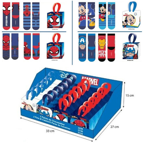 Pack 2 calcetines en caja regalo de Spiderman, Mickey Mouse y Avengers