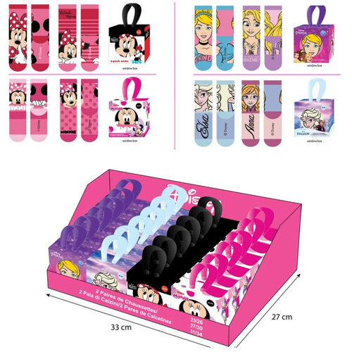 Pack 2 calcetines en caja regalo de Minnie Mouse, Princesas y Frozen