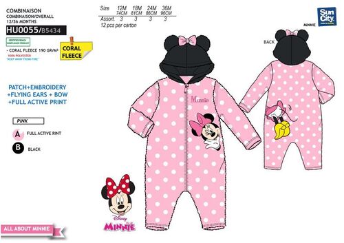 Pijama mono coralina con capucha para beb de Minnie Mouse