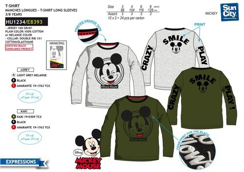 Camiseta algodn manga larga y doble estampado de Mickey Mouse